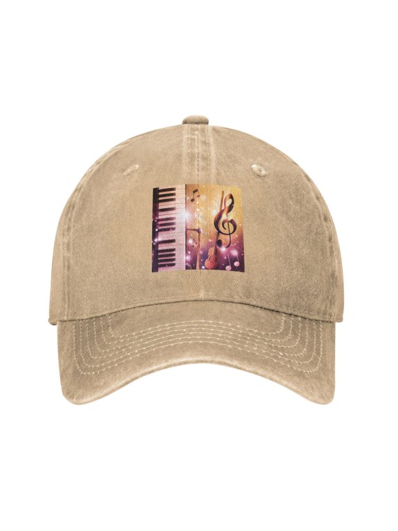 Men Women Washed Twill Baseball Cap Music Note Piano Pattern Adjustable Dad Hat Natural