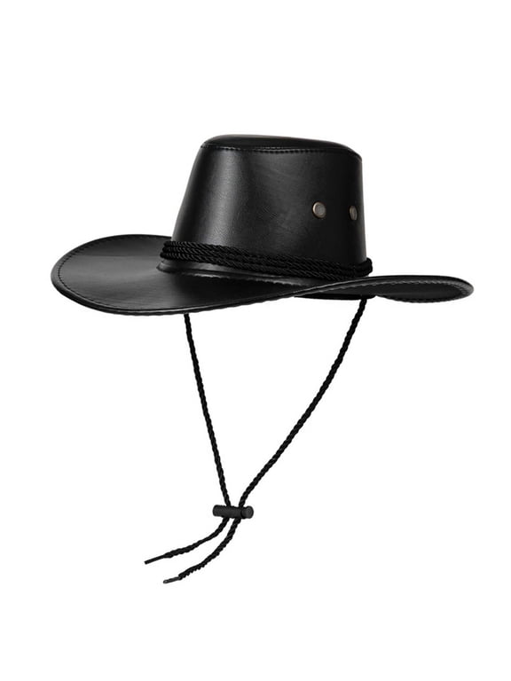 Men Women Western Cowboy Hat Wide Brim PU Faux Leather Faux Faux Leather Sun Hat with Adjustable Chin Strap for Outdoor Festival Rodeo Black,Size M