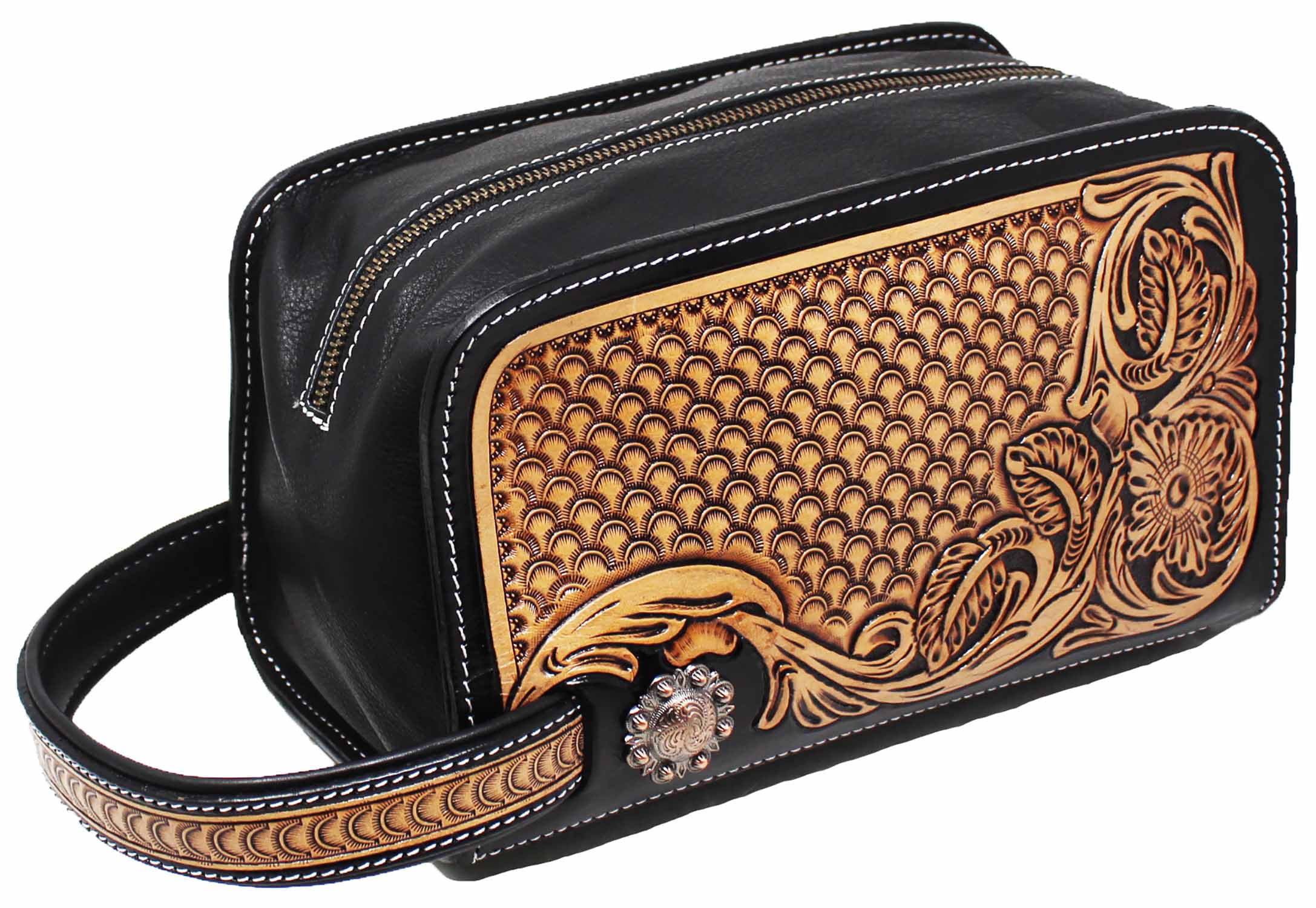 Men Women Western Hand-Tooled Floral Leather Toiletry Dopp Kit Travel Bag 18FKT06