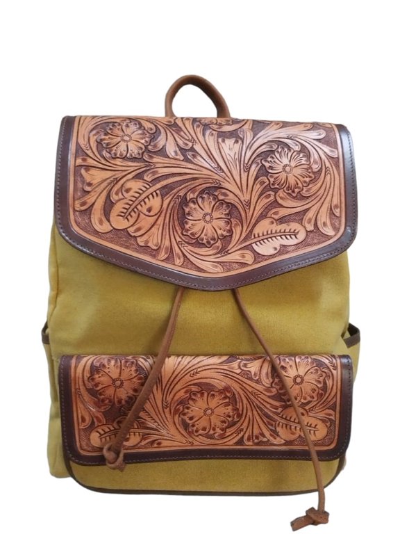 Men Women Western Olive Canvas Floral Tooled Leather Accented Weekender Carry-On Travel Outdoors Camping Hiking Utility Bag 18SKB51OG