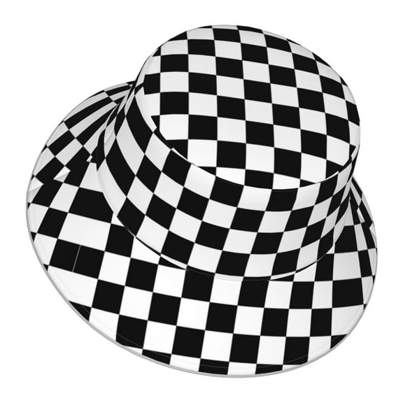 Men Women White And Black Checkered Pattern Reflective Bucket Hat Reversible Runner Cap Visor Hat