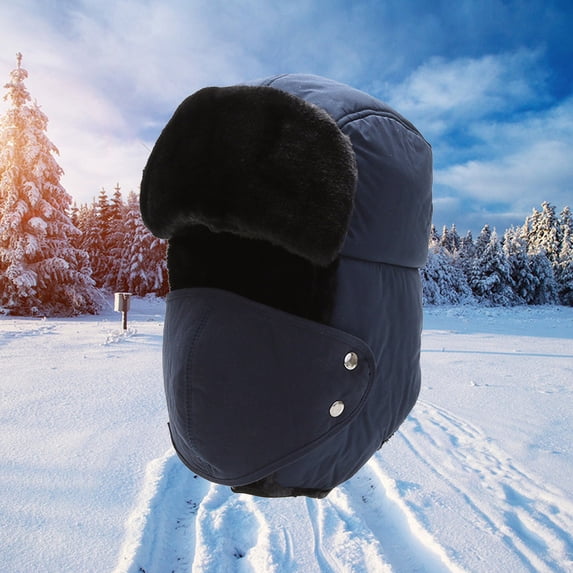 Men and Women Winter Hat with Ear Flaps, Fleece Lined Face Protection Cap, Thickened Balaclava Style Hat for Skiing, Motorcycle Riding, and Cold Weather Outdoor Activities - Blue