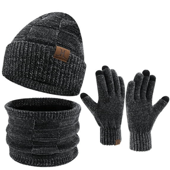 Men Women Winter Knit Warm Beanie Hat Scarf Touchscreen Gloves Set Slouchy Skull Caps Neck Warmer with Fleece Lined,Black