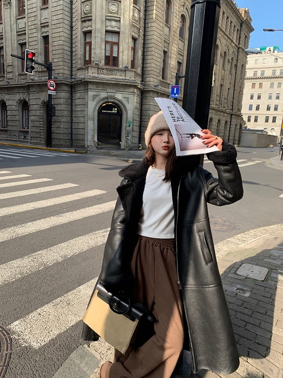 Men and Women Winter Long Maxi Coat Genuine Natural Sheepskin Shearling Leather Jacket Outerwear Warm Thick Wool Liner Black Plus Oversized 60 62,58,Black