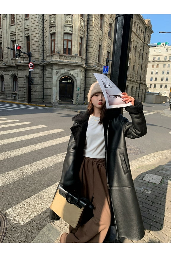 Men and Women Winter Long Maxi Coat Genuine Natural Sheepskin Shearling Leather Jacket Outerwear Warm Thick Wool Liner Black Plus Oversized 60 62,62,Black