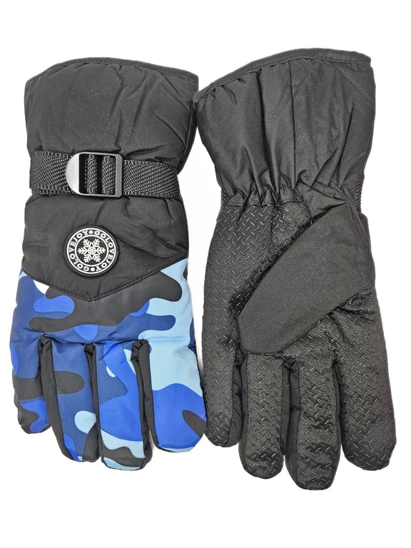 Men Winter Ski Gloves, Camo Print Waterproof, Insulated, Adjustable Strap, Blue