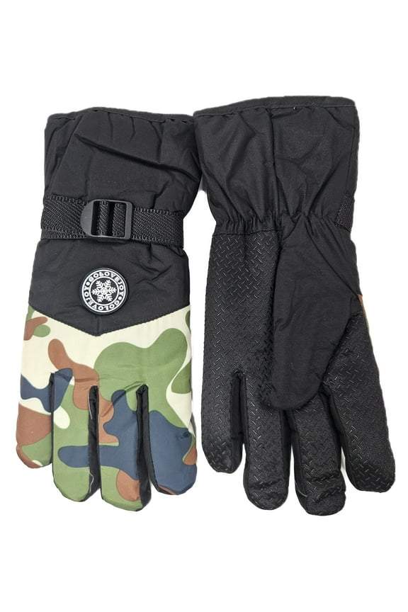 Men Winter Ski Gloves, Camo Print Waterproof, Insulated, Adjustable Strap, Green