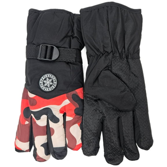 Men Winter Ski Gloves, Camo Print Waterproof, Insulated, Adjustable Strap, Red