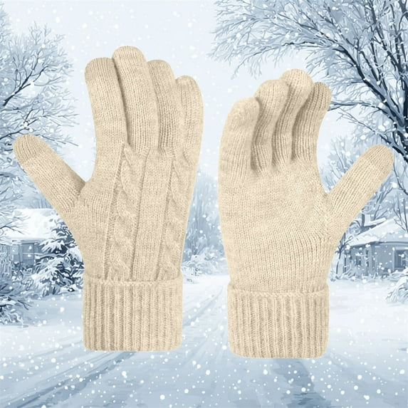 Men Women Winter Touchscreen Gloves, Fleece Lined Thermal Knit Gloves with Long Wrist Cuff, Unisex Warm Gloves for Outdoor Cycling Driving Beige