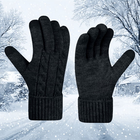 Men Women Winter Touchscreen Gloves, Fleece Lined Thermal Knit Gloves with Long Wrist Cuff, Unisex Warm Gloves for Outdoor Cycling Driving Black