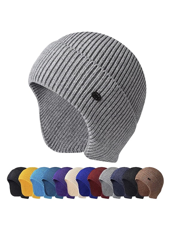 Men Women Winter Warm Hat Knitted Beanie Ear Flaps Earmuff Skull Cap Hat for Outdoor Ski Hiking (Light Grey)