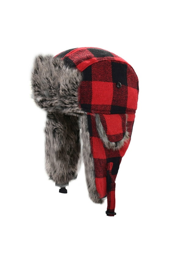 Men Women Winter Warm Trapper Hat Lattice Plaid Print Thermal Plush Lined Bomber Ushanka Earflap Cap with Chin Strap