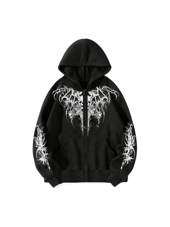 Men Women Y2K Zip Up Hoodie Gothic Graphic Grunge Emo Alt Baggy Hooded Sweatshirt Punk Streetwear