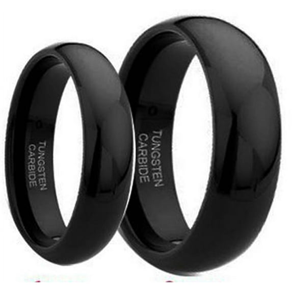 Men & Women's 8MM/6MM Black Polished Shiny Domed Tungsten Carbide Wedding Band Ring Set