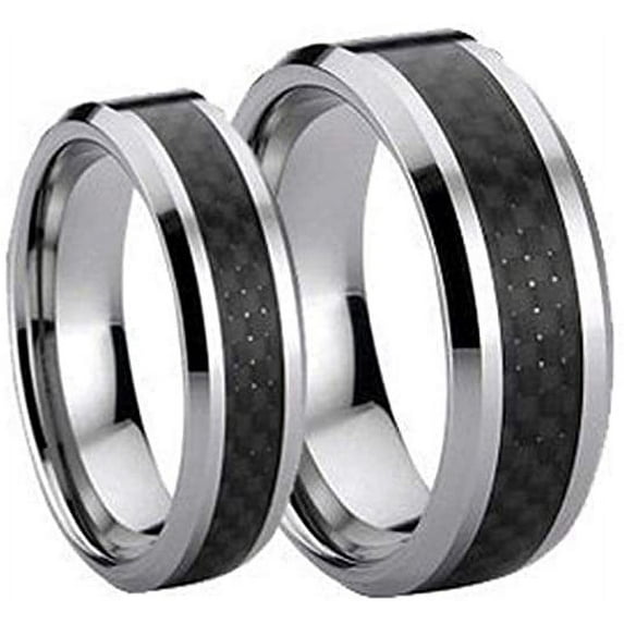Men & Women's 8MM/6MM Flat Shiny With Black Inlay Tungsten Carbide Wedding Band Ring Set