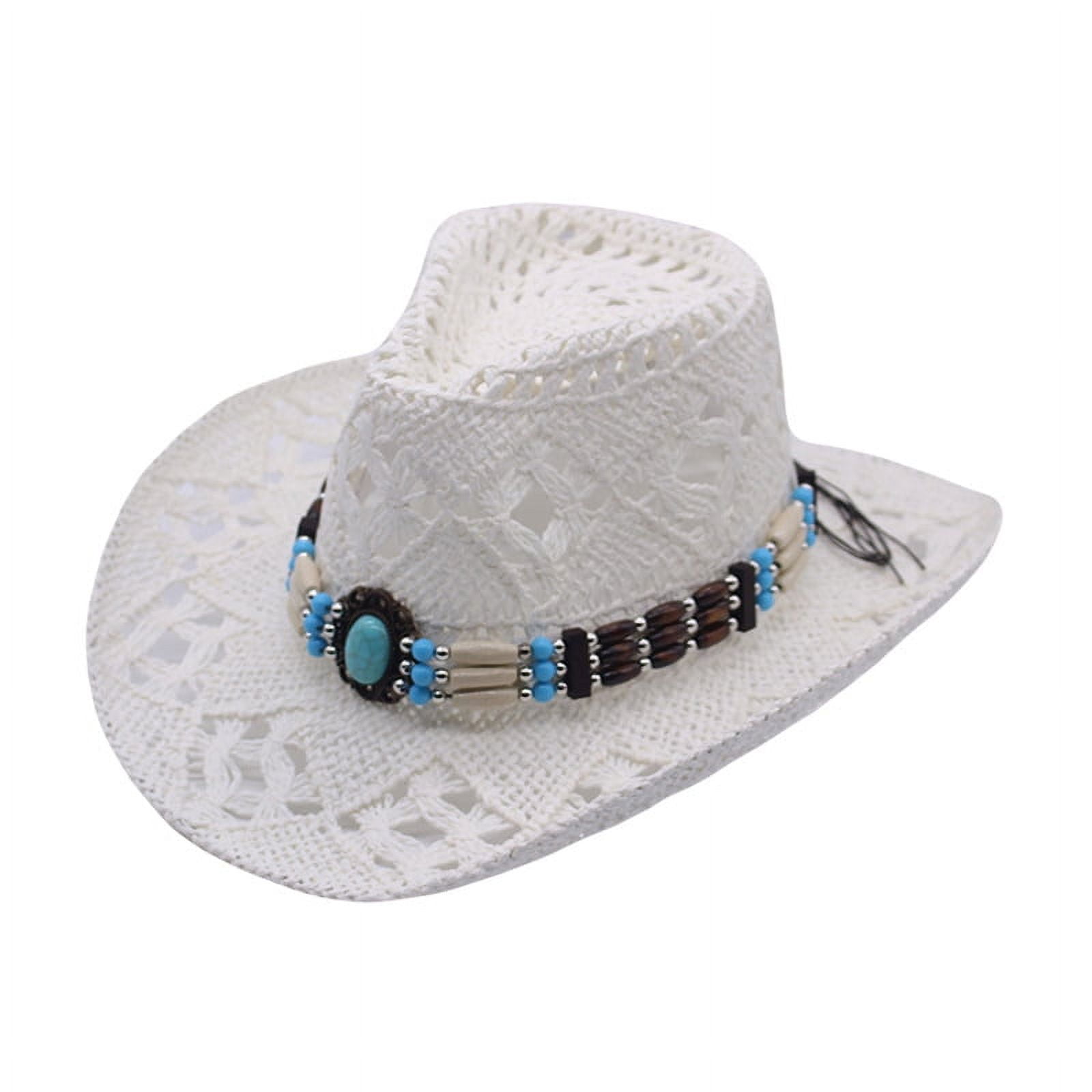 White Cowboy & Cowgirl Hat – Wide Brim, Turquoise Beads, Retro Western Look Men & Women main image 2