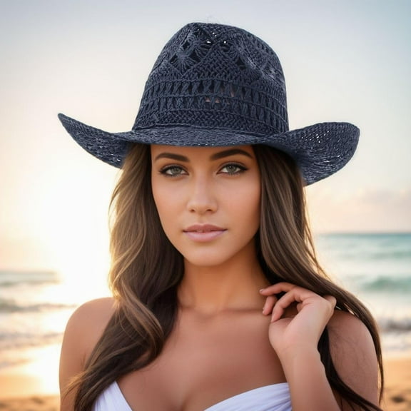 Men Women's Summer Cowboy Cowgirl Straw Hat Hollow Out Style Roll Up Brim Cowboy Sun Hat