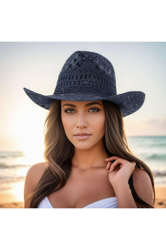 Men Women's Summer Cowboy Cowgirl Straw Hat Hollow Out Style Roll Up Brim Cowboy Sun Hat
