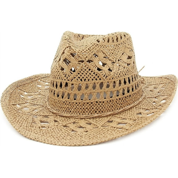 Men Women's Summer Cowboy Cowgirl Straw Hat Hollow Out Style Roll Up Brim Cowboy Sun Hat