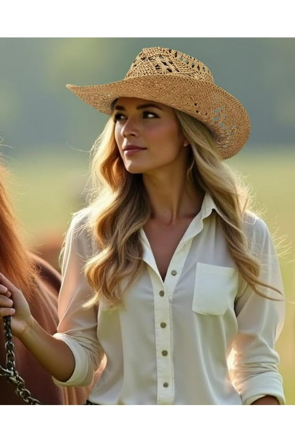 Men Women's Summer Cowboy Cowgirl Straw Hat Hollow Out Style Roll Up Brim Cowboy Sun Hat