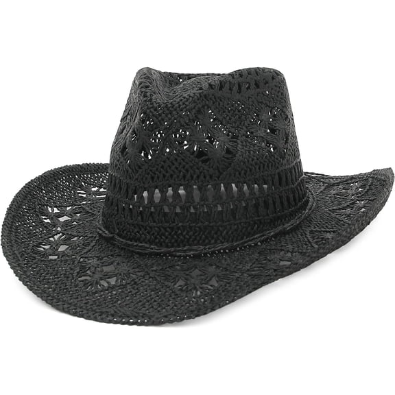 Men Women's Summer Cowboy Cowgirl Straw Hat Hollow Out Style Roll Up Brim Cowboy Sun Hat