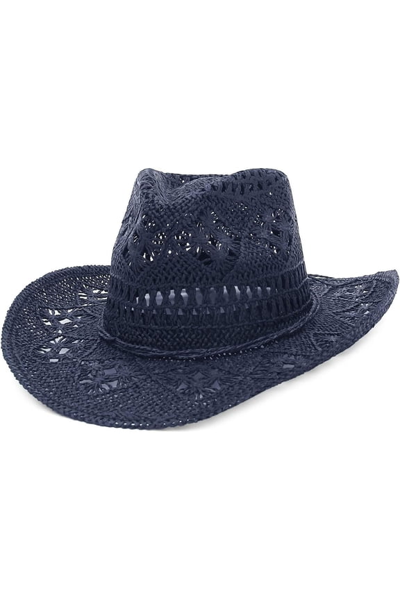 Men Women's Summer Cowboy Cowgirl Straw Hat Hollow Out Style Roll Up Brim Cowboy Sun Hat