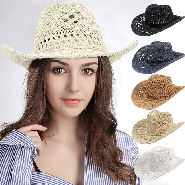 Men Women's Summer Cowboy Cowgirl Straw Hat Hollow Out Woven Roll Up
