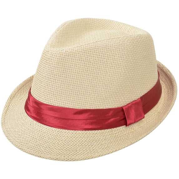 Men / Women's Summer Short Brim Straw Fedora w/ Solid Burgundy Band
