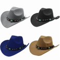 thumbnail image 1 of Men Womens Ethnic Style Western Cowboy Hat with Roll Up Brim Felt Cowgirl Sombrero Caps Fashion Evening Party Performance Jazz Hat, 1 of 3