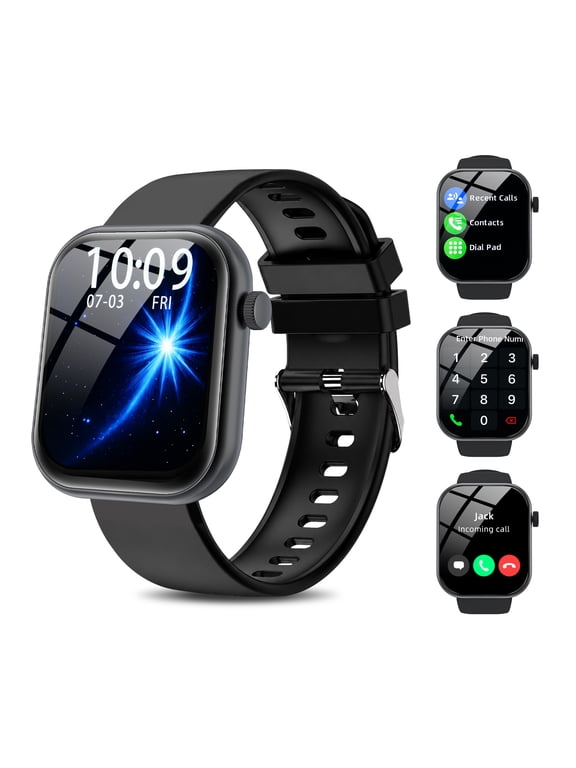 Men Womens Smart Watch, 2.01'' HD Touchscreen, with Bluetooth Answer/Make Calls/110+ Sports Modes, IP68 Waterproof Fitness Tracker Fits for Android IPhone, Perfect Gift, Black