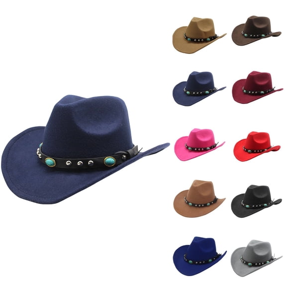 Men Womens Western Cowboy Hat with Roll Up Brim Felt Cowgirl Sombrero Caps with Turquoise Leather Belt Navy One Size