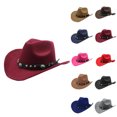 thumbnail image 1 of Men Womens Western Cowboy Hat with Roll Up Brim Felt Cowgirl Sombrero Caps with Turquoise Leather Belt Wine One Size, 1 of 3