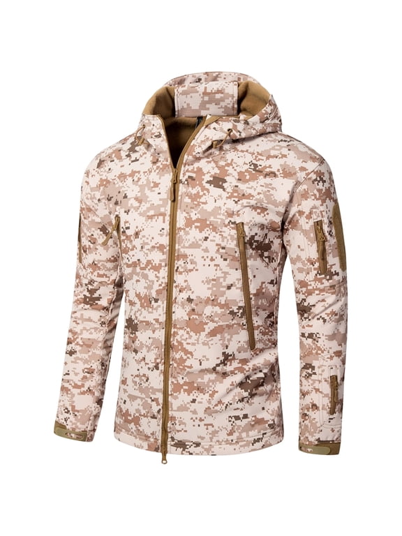 Men Woodland Camo Tactical Softshell Jacket Waterproof Breathable Insulated Coat Zip Up Hooded Pockets Jacket Outdoor Hunting Work