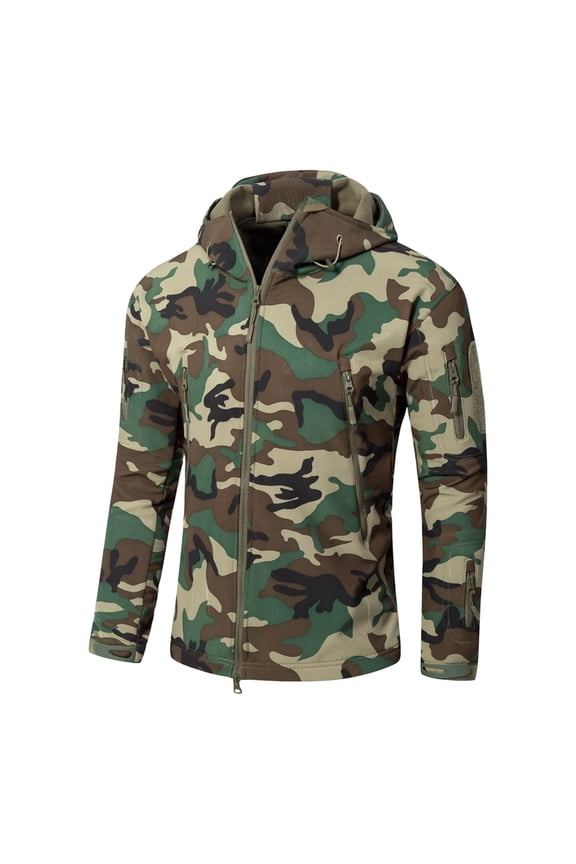 Men Woodland Camo Tactical Softshell Jacket Waterproof Breathable Insulated Coat Zip Up Hooded Pockets Jacket Outdoor Hunting Work
