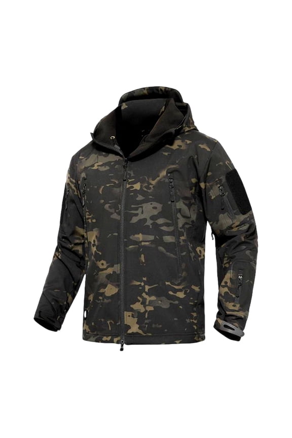 Men Woodland Camo Tactical Softshell Jacket Waterproof Breathable Insulated Coat Zip Up Hooded Pockets Jacket Outdoor Hunting Work