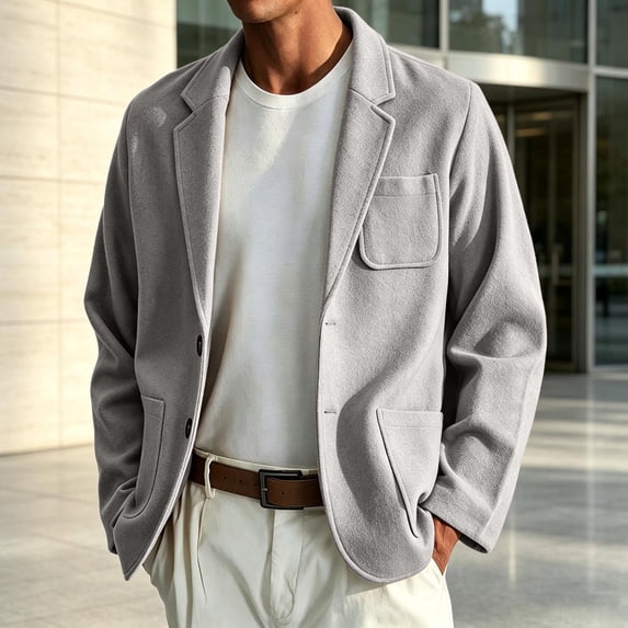 Men Wool Blazer Notched Lapel Single Breasted 2 Button Closure Coat Long Sleeve Business Casual Fall Winter Jacket with Pockets