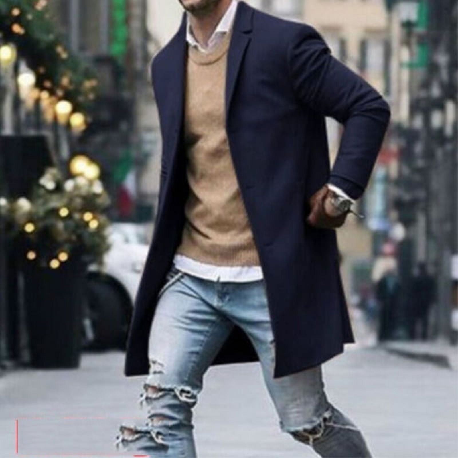 Men Wool Coat Winter Autumn Outfits Double-Breasted Lapel Solid Color  Casual Coat Pockets Overcoat Long Sleeve Jacket