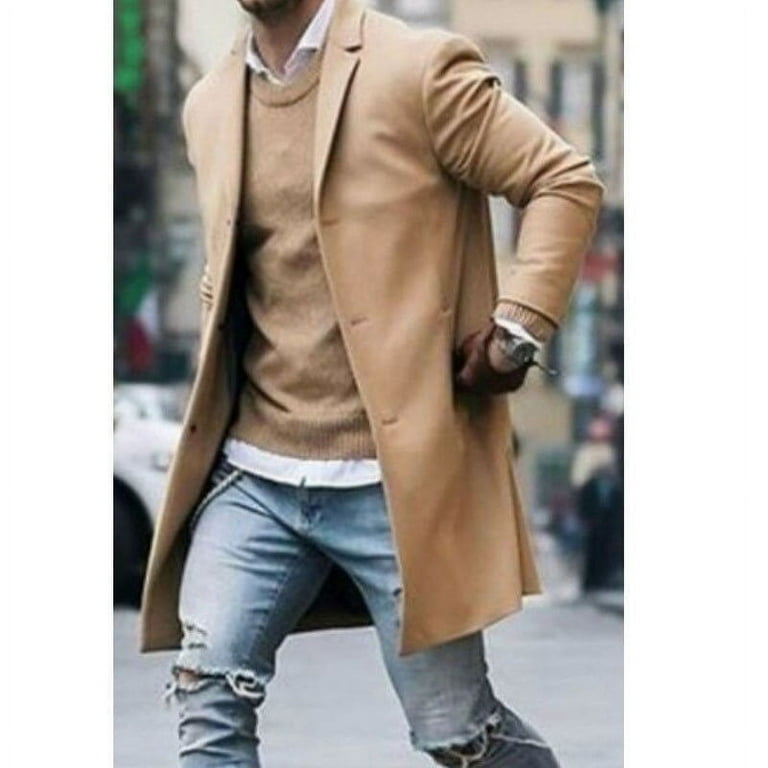 Men Wool Coat Winter Trench Coat Outwear Overcoat Long Sleeve Button Up Jacket T
