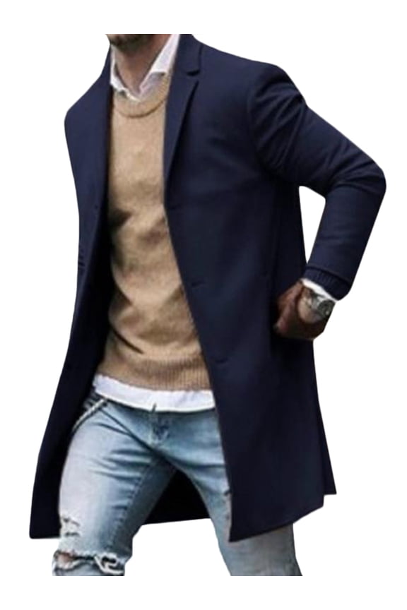 Men Wool Coat Winter Trench Outerwear Warm Overcoat Long Sleeve Button Up Jacket