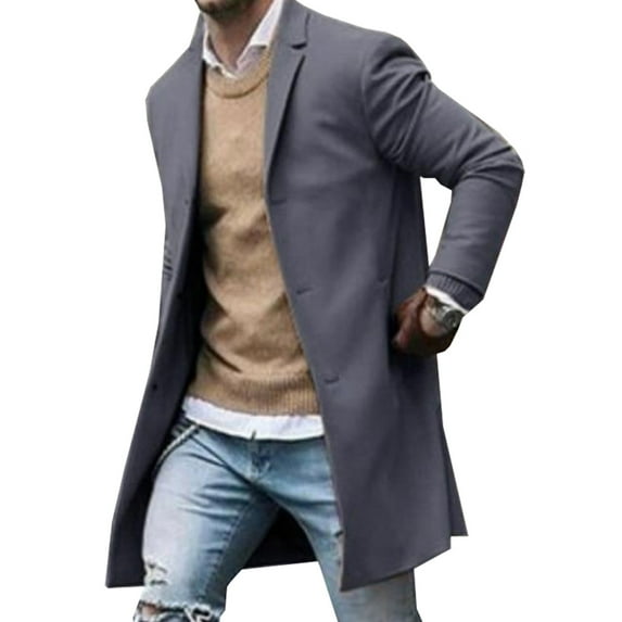 Men Wool Coat Winter Trench Outerwear Warm Overcoat Long Sleeve Button Up Jacket