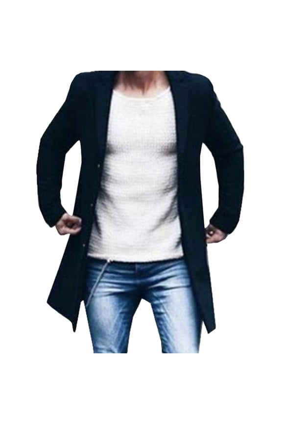Men Wool Coat Winter Trench Outerwear Warm Overcoat Long Sleeve Button Up Jacket
