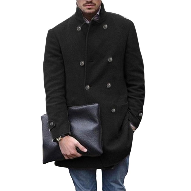 Men Woolen Coat Mid Length Double Breasted Stand Collar Outerwear Autumn  Winter British Style Windbreaker Overcoat Streetwear