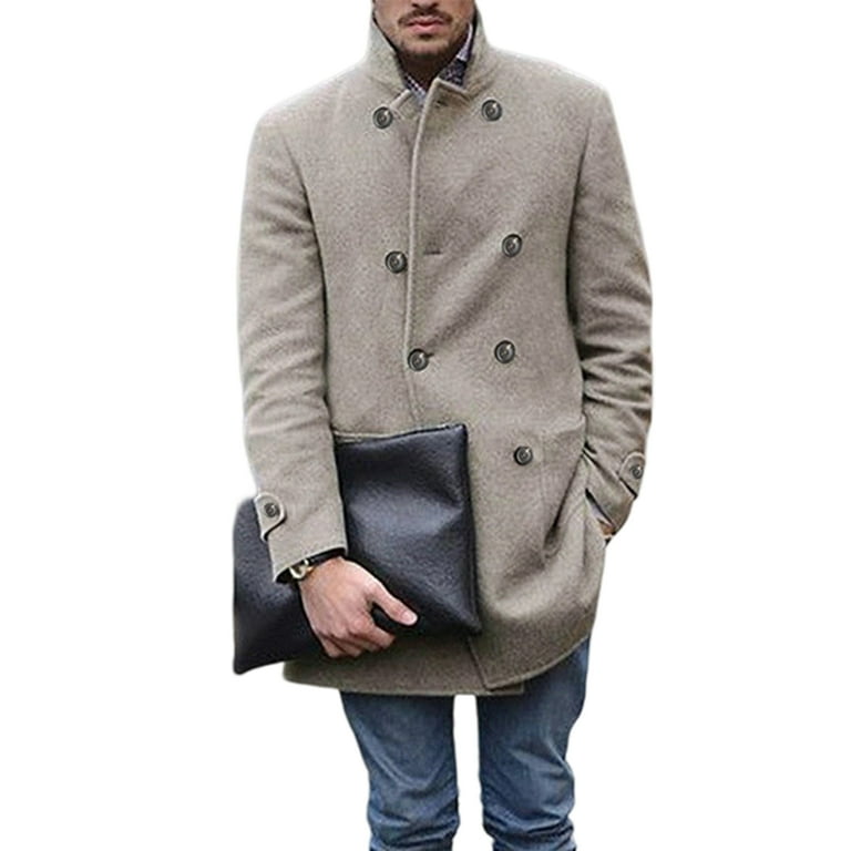 Men Woolen Coat Mid Length Double Breasted Stand Collar Outerwear