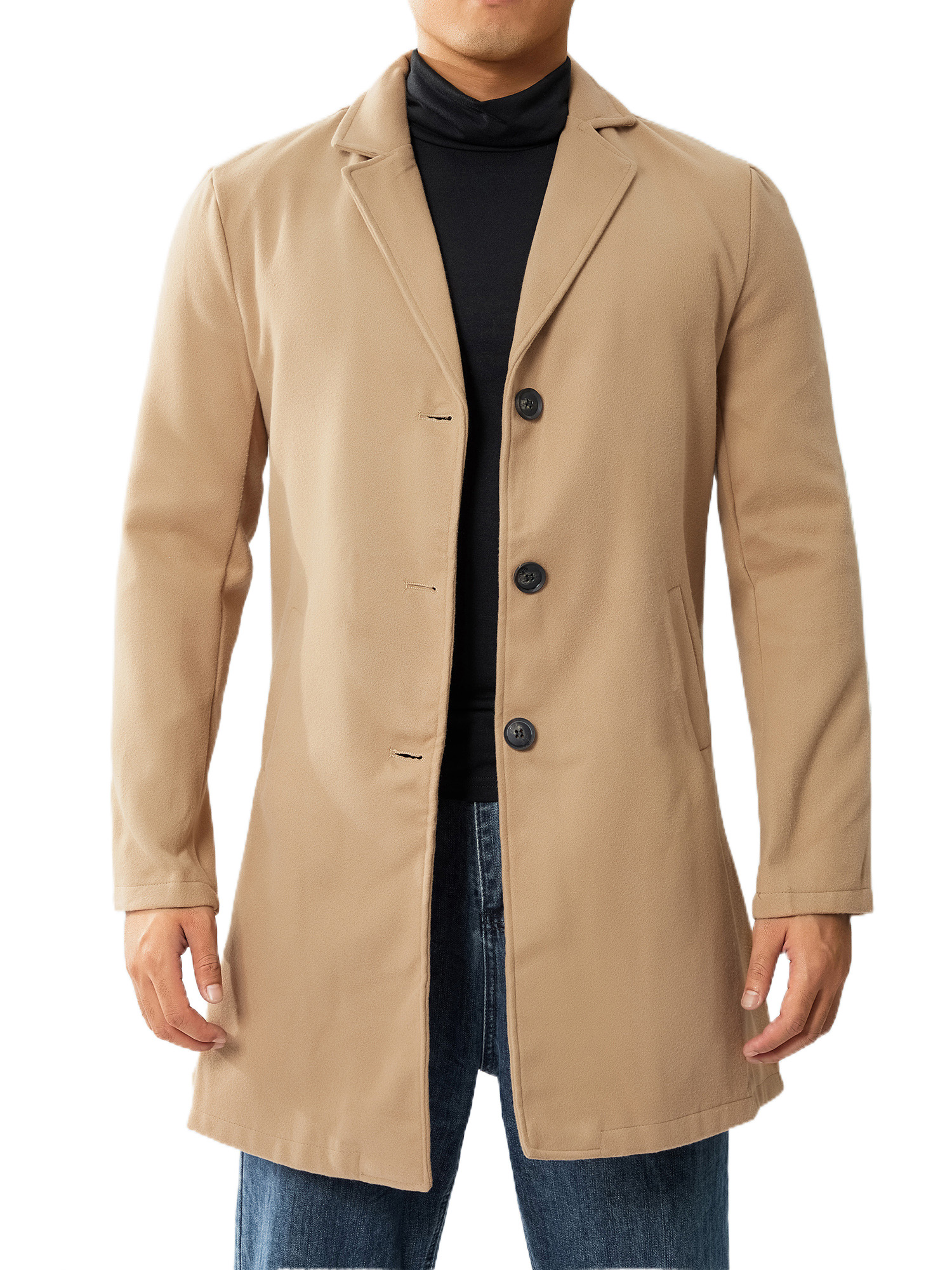 Men Woolen Trench Coat Long Sleeve Lapel Long Overcoat Turn-Down ...