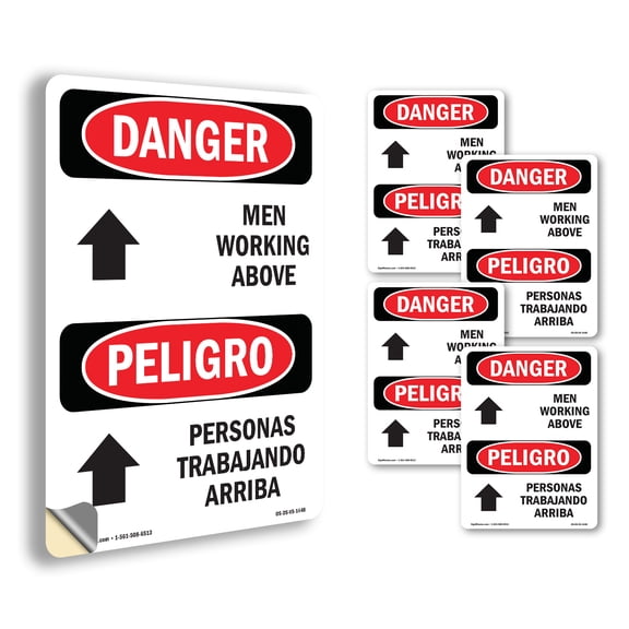 Men Working Above Bilingual OSHA Danger Vinyl Decal Label 10 Inch x 7 Inch - 5 Pack
