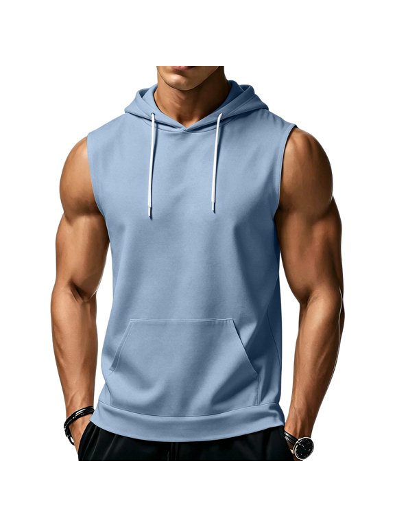 Men Workout Hooded Tank Tops Bodybuilding Athletic Muscle Cut Off Hoodies Sleeveless Activewear Gym T-Shirts Light Blue S