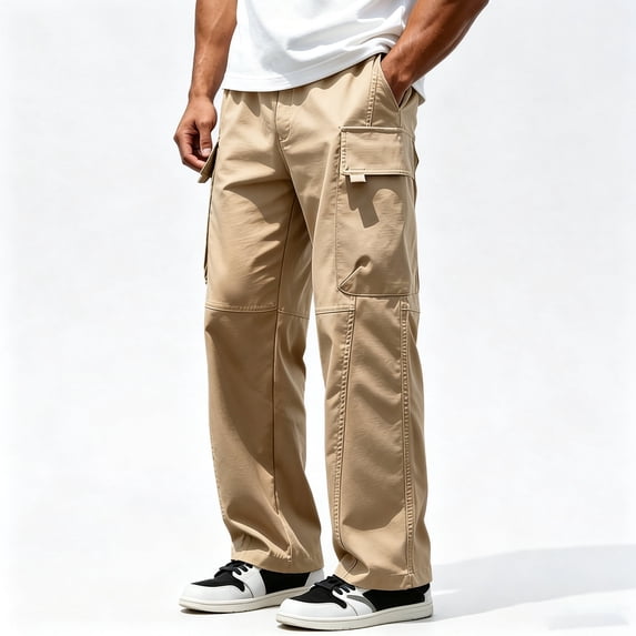 Men Workout Straight Cargo Sport Pants, Elastic Waist 4 Pocket Lightweight Outdoor Pants S-XL
