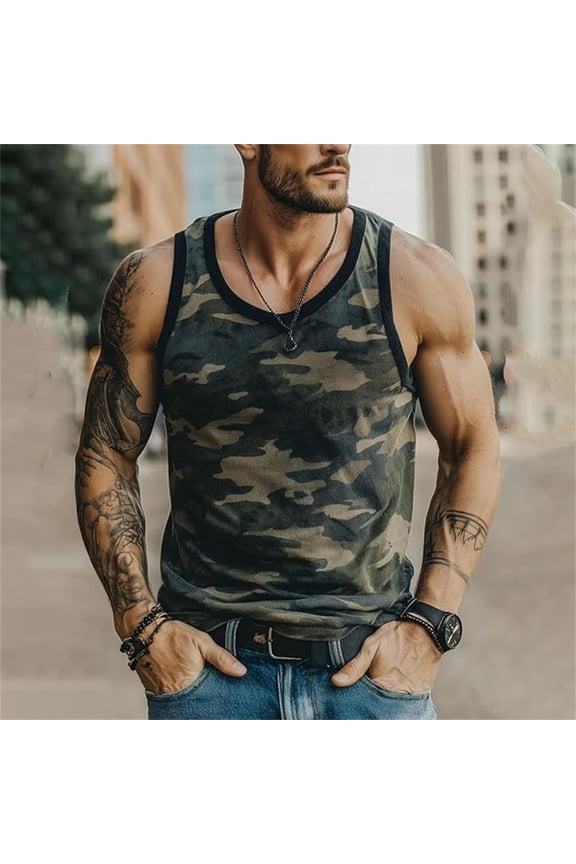 Men Workout Tank Tops Camo Athletic Gym Muscle Tee Shirts Quick Dry Breathable Sleeveless Summer Tops Dark Green XL