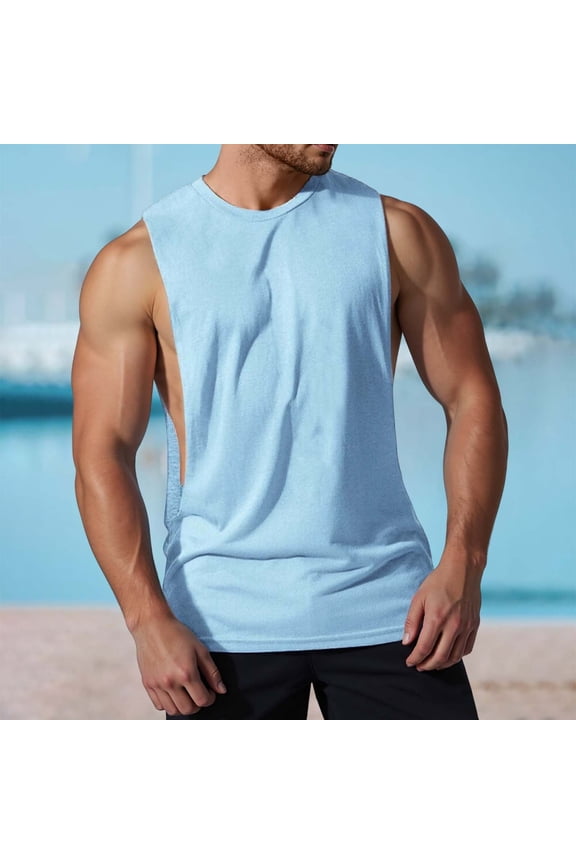 Men Workout Tank Tops Wide Shoulder Side Sleeveless Tee Shirts Summer Breathable Quick Dry Muscle Tops Light Blue XXXL