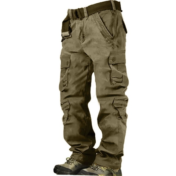 Men Workwear Cargo Pants Multi Pocket Loose Fit Trousers with Belt Loops and Reinforced Knees for Outdoor Activities